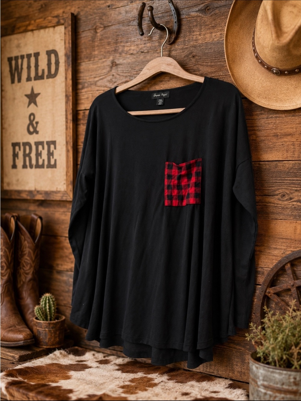Charlie Paige Black Long Sleeve Tee with Red Buffalo Plaid Pocket